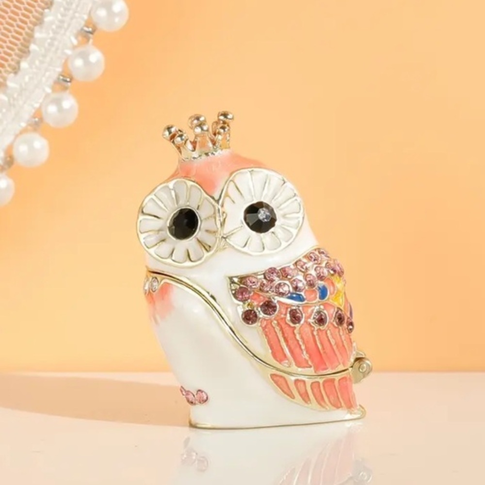 Crystal Encrusted Owl Trinket Box Pink Gold Enamel Ring Box NWT